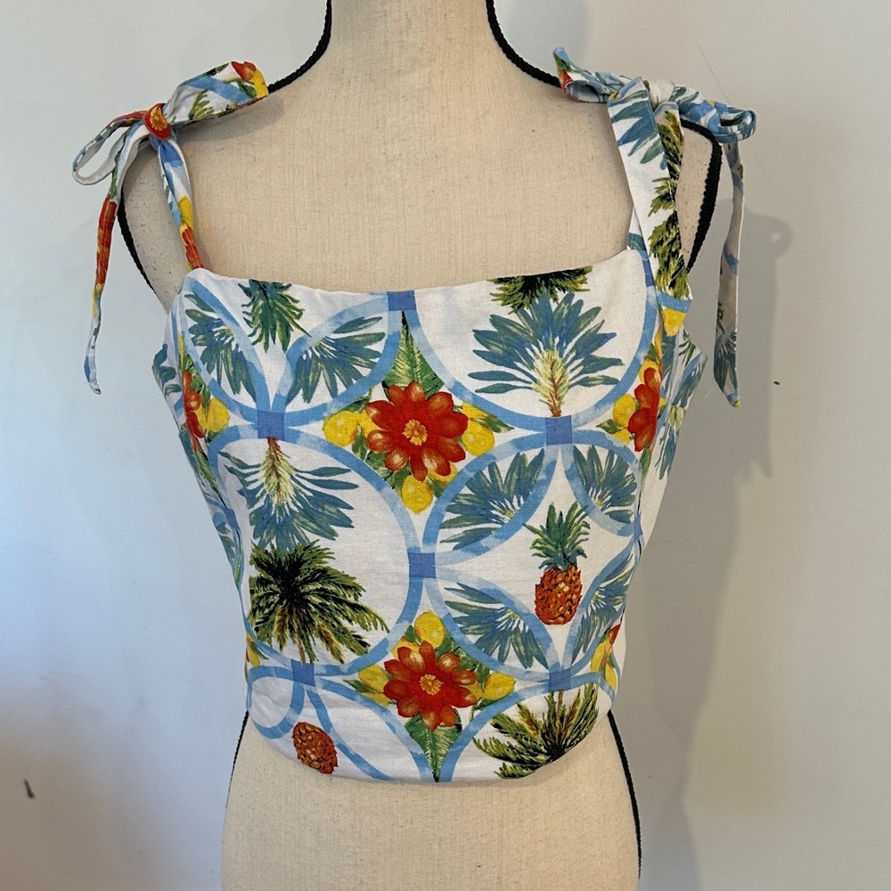 Rachel Zoe White Tropical Tie-Shoulder Crop Top